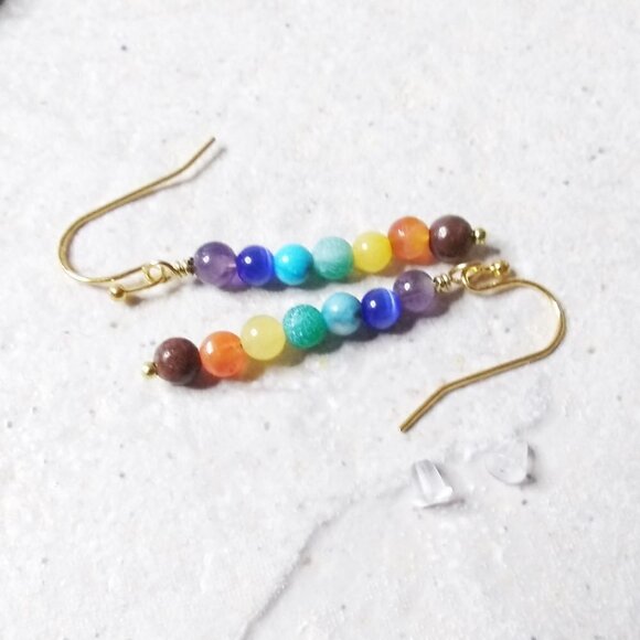 7 Chakra Earrings! Dainty + Slim Dangle Earrings with Semi-Precious Stones - Picture 5 of 9